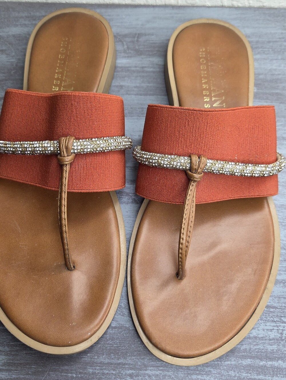 Italian Shoemakers Sandal Slides in Terracotta Orange with Crystal Trim Size 9